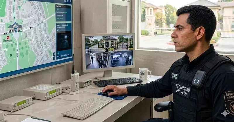 Oficial de seguridad en portería monitoreando cámaras y mapa del barrio
